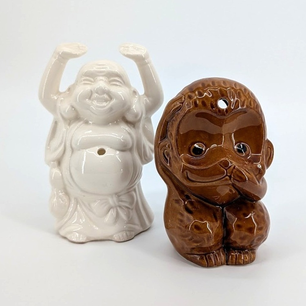 Vintage Tiki Set Buddha & Speak No Evil Monkey Cocktail Kitschy Tropical Barware